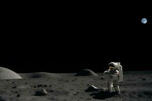 coraggioso astronauta a il passeggiata nello spazio su il Luna. neurale Rete ai generato foto