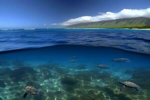 mare tartaruga vicino su al di sopra di corallo scogliera nel Hawaii. neurale Rete ai generato foto