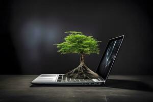 un' albero cresce a partire dal un' il computer portatile. verde informazione tecnologia. neurale Rete ai generato foto