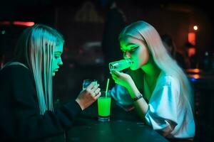 Due attraente giovane donne incontro su nel un' pub. neurale Rete ai generato foto