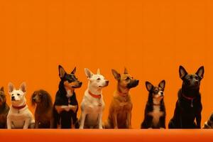 un' gruppo di cani su un arancia sfondo. neurale Rete ai generato foto