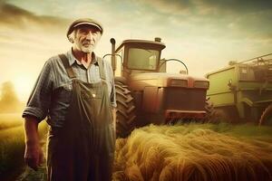 contadino e agricolo trattore nel il campo. neurale Rete ai generato foto