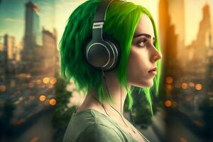 ritratto di giovane ragazza con verde capelli ascoltando musica con cuffie su città strada. neurale Rete generato arte foto