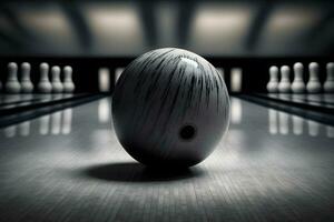 bowling palla bugie su corsia inizio posizione per bowling gioco nel club. neurale Rete generato arte foto