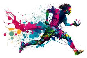 calcio calcio giocatore nel azione con arcobaleno acquerello spruzzata. isolato bianca sfondo. neurale Rete generato arte foto