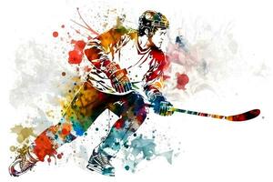 sportivo giocando hockey su acquerello arcobaleno spruzzata. neurale Rete generato arte foto