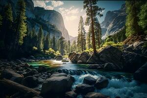 valle paesaggio con alberi e fiume nel montagne. neurale Rete ai generato foto