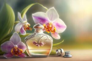 bellissimo Da donna profumo bottiglia con orchidee. neurale Rete generato arte foto