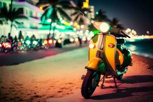scooter ciclomotore a oceano guidare miami spiaggia a notte con neon luci a partire dal alberghi. neurale Rete ai generato foto