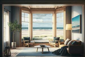 spiaggia vivente su mare Visualizza interno con grande finestre. neurale Rete ai generato foto