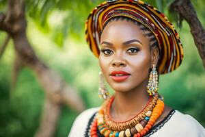 ritratto di un' bellissimo africano donna nel etnico stile. neurale Rete ai generato foto
