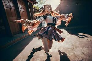 asiatico ragazza nel un' bellissimo costume è danza k-pop. neurale Rete ai generato foto