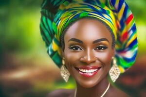 ritratto di un' bellissimo africano donna. neurale Rete ai generato foto