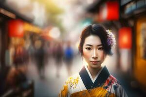 ritratto di un' giapponese donna nel nazionale Abiti. neurale Rete ai generato foto