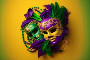 gruppo di veneziano mardi gras maschera o travestimento su un' colorato luminosa sfondo. neurale Rete generato arte foto