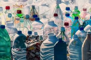 un' lotto di plastica rifiuto bottiglie. neurale Rete ai generato foto