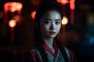 asiatico donna nel chimono a notte. neurale Rete ai generato foto
