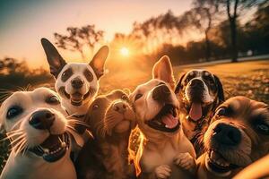 carino beagle guardare a il telecamera mentre assunzione un' autoscatto con un altro beagle e un' carlino. neurale Rete ai generato foto