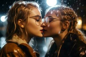 romantico giovane adulto lesbica femmina coppia bacio neurale Rete ai generato foto