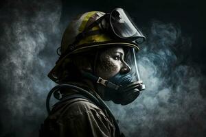 vicino su ritratto di viso pompiere indossare protettivo uniforme e un protettivo maschera. neurale Rete ai generato foto