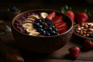 salutare gustoso prima colazione. fiocchi d'avena con frutti di bosco e frutta. neurale Rete ai generato foto