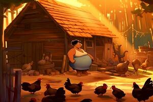 donna e polli nel il villaggio cartone animato stile. neurale Rete ai generato foto