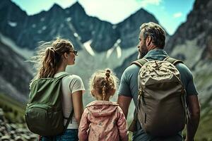 contento famiglia su un' montagna escursione. neurale Rete ai generato foto