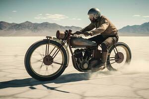 motociclista equitazione attraverso uyuni sale piatto deserto. neurale Rete ai generato foto