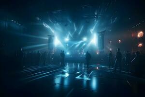 silhouette nel delirio notte club sotto blu raggi travi godendo a concerto. neurale Rete ai generato foto