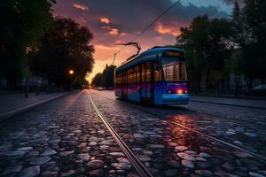 retrò tram nel europeo città. neurale Rete ai generato foto