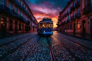 retrò tram nel europeo città. neurale Rete ai generato foto