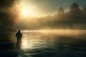 pescatore di il lago a alba. neurale Rete ai generato foto
