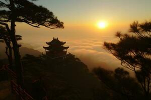 Cinese montagne nel il nebbia Alba. neurale Rete ai generato foto