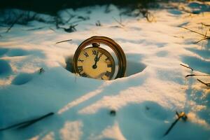 Vintage ▾ orologio all'aperto nel inverno. neurale Rete ai generato foto