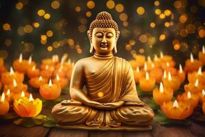 meditazione Budda statua con candele e loto. neurale Rete ai generato foto