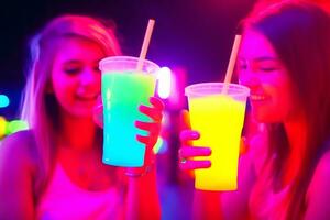 Due attraente giovane donne incontro su nel un' pub. neurale Rete ai generato foto