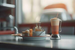 vecchio stile rosso bar sgabelli nel americano hamburger retrò commensale ristorante. interno di bar è nel tradizionale americano stile. neurale Rete ai generato foto