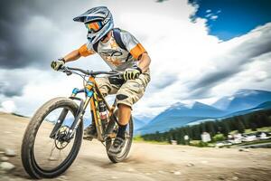 montagna bicicletta ciclista equitazione singolo traccia. neurale Rete ai generato foto