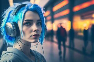 ritratto di giovane ragazza con blu capelli ascoltando musica con cuffie su città strada. neurale Rete generato arte foto