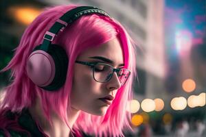 ritratto di giovane ragazza con rosa capelli ascoltando musica con cuffie su città strada. neurale Rete generato arte foto