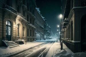 inverno città strada paesaggio. neurale Rete ai generato foto