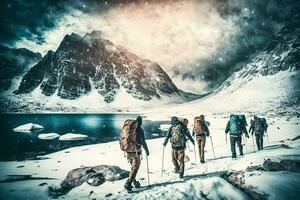 gruppo di turisti nel inverno nel il montagne. lavoro di squadra concetto. neurale Rete ai generato foto