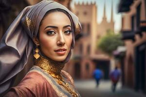 ritratto di giovane musulmano donna indossare hijab testa. neurale Rete ai generato foto
