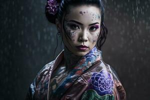 giapponese geisha con tatuaggio. neurale Rete ai generato foto