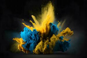 esplosione di giallo e blu colore dipingere polvere su nero sfondo. neurale Rete generato arte foto