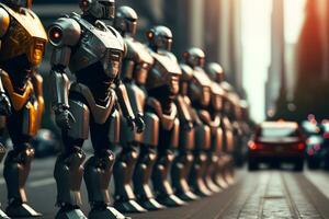 molti moderno futuristico maschio umanoide robot con metallo vestito. neurale Rete generato arte foto