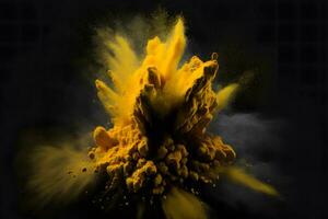 esplosione di giallo colore dipingere polvere su nero sfondo. neurale Rete generato arte foto