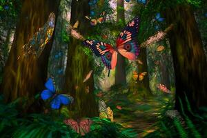 fiaba foresta paesaggio con molti volante farfalle. neurale Rete ai generato foto