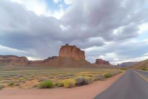 panorama di il strada attraverso il canyon deserto. rosso roccia canyon deserto strada. neurale Rete ai generato foto