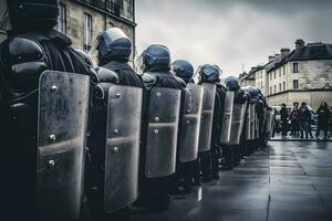 Basso angolo di anonimo polizia soldati nel protettivo uniformi e caschi in piedi contro squadra furgone e difendere di rivolta scudi. neurale Rete ai generato foto